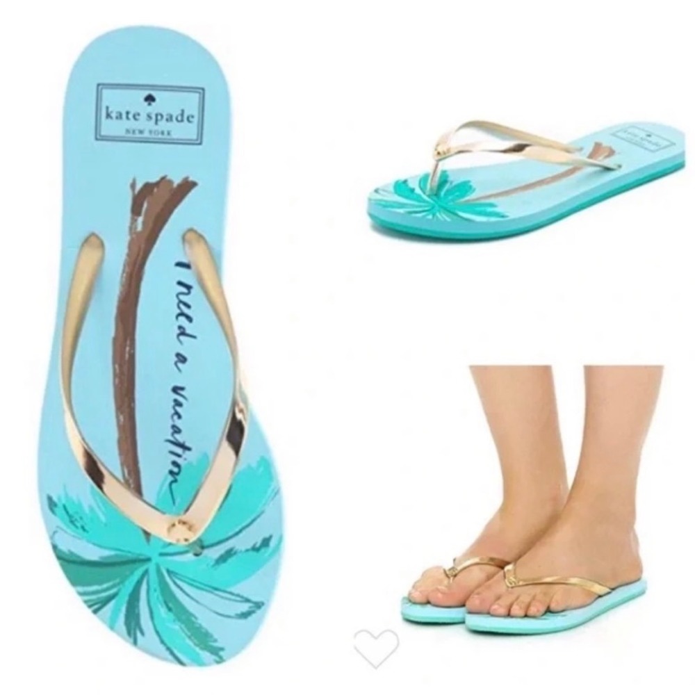 Kate Spade Blue Nassau Need A Vacation Flip Flops Summer Gold Glitter
